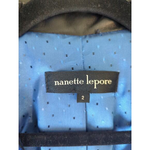 Nanette Lepore Navy Patterned Blazer Leather Trim Size 2 - Picture 4 of 5